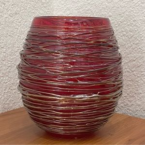 Robert Adamson Handblown Red Art Glass Thread Wrap 6” Dome Large Votive Vase